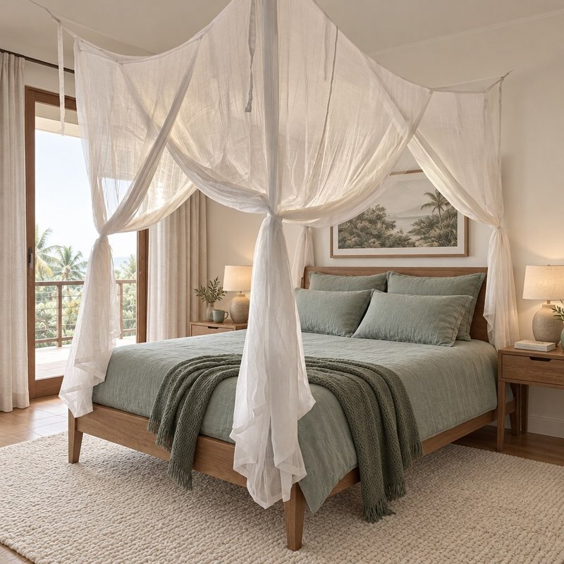 Canopy bed curtains suspended from the ceiling over a bed without posts