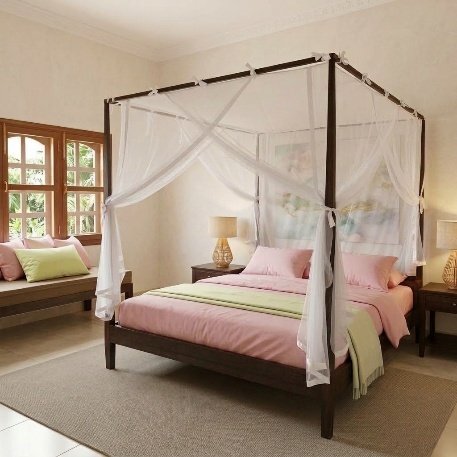Canopy bed curtains tied to the top rails of a four poster bed, drapes gathered at each post