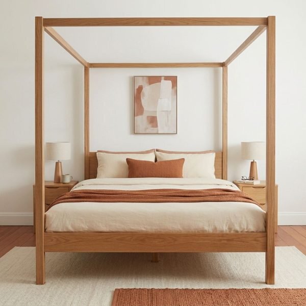 A bare four poster bed before canopy bed curtains are fitted